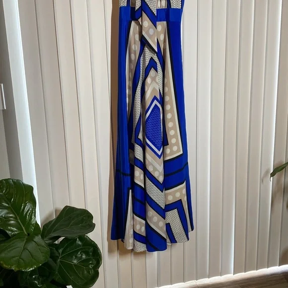 ELIZA J Blue Polka Dot Scarf Print Crepe de Chin Fit & Flare Halter Maxi Dress - Picture 10 of 12